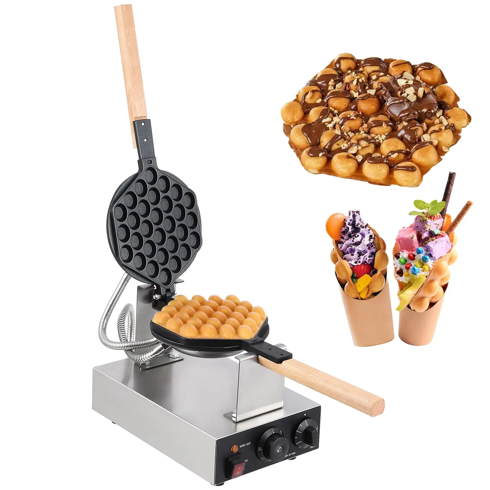 Commercial Electric Bubble Waffle Makers Featuring Durable Stainless Steel Construction, Nonstick Plates, 180° Rotation, Available in 1400W Single and 2800W Double Models Ideal for Restaurants, Cafes, and Food Trucks