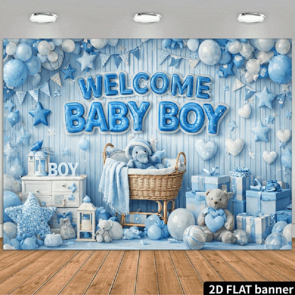 2D Flat Polyester Photoshoot Backdrop - HD Print Blue & White Balloons Stars, Gifts, Teddy Bear Theme - Party Banners, Home Decor for Birthday, Baby Shower Celebration Events, Backdrop Picture