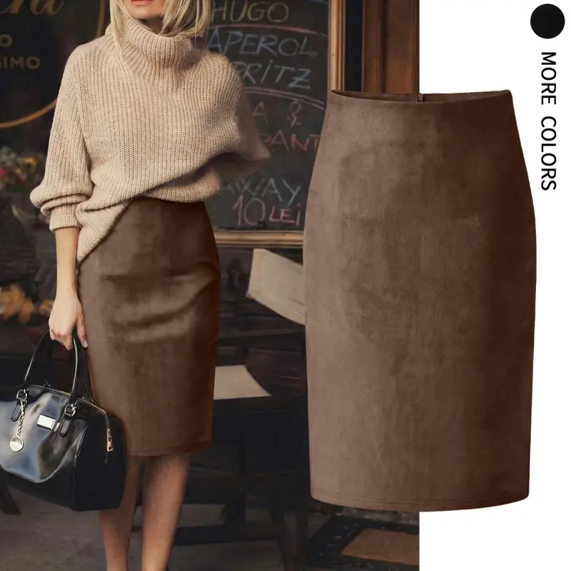 Women's Solid Color Deer Skin Air Layer Fitted Knee-Length Skirt, Fashionable Simple Elegant Comfortable, Ideal for Daily Commute and Versatile Wear