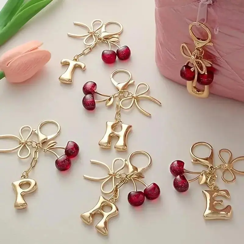 Unisex Gold-Plated Cherry Letters Bow Knot Keychain, Glitter Alphabet Pendant Bag Charm, Casual Key Ring for Wallet Backpack & Car Keys, Personalized Gift for Back to School
