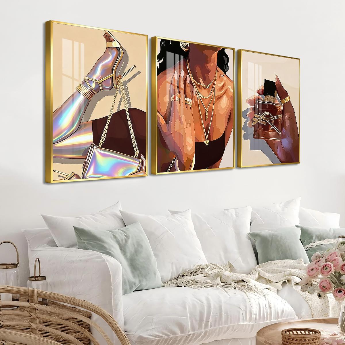 3 Counts Aluminum Alloy Framed Painting, Fashion Woman With Gold Jewelry And Perfume Art Pictures, Home Decoration For Living Room, Bedroom, Office, Restaurant, Hallway Wall Decor, Odorless Print Artwork, Luxury Perfect Gift For Friends And Family