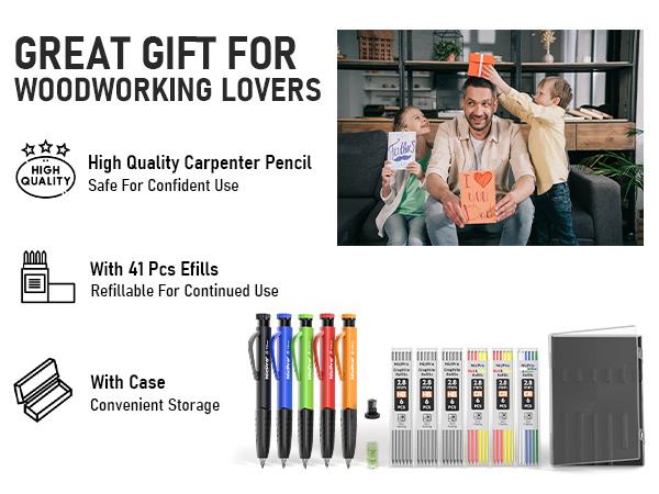 Nicpro 5 Pack Mechanical Carpenter Pencil Set with Sharpener & Finger Grip, Mechanical Woodworking Pencils with 41 Refills, Deep Hole Marker Heavy Duty Construction Pencils for Architect- with Case