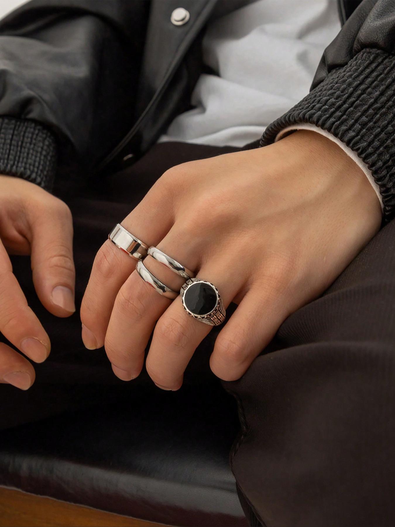 Men's Punk Hip-Hop Style Stainless Steel Chain Rings Set, Geometric Round Design, Fashion Streetwear Jewelry for Daily Wear, Stackable Rings