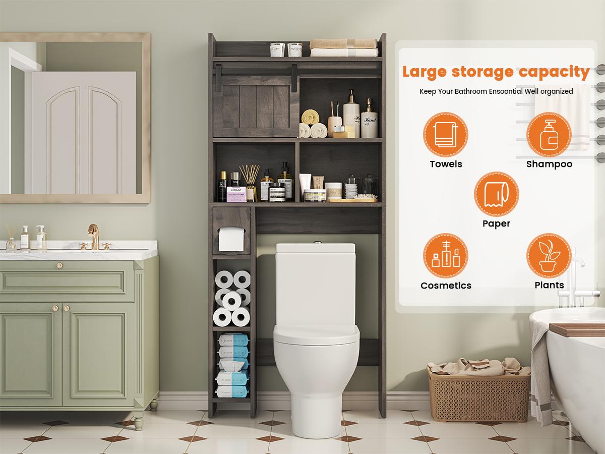 Over-The-Toilet Storage Cabinet with Sliding Door & Toilet Paper Holder Stand, Bathroom Organizer with Side Storage for Restroom