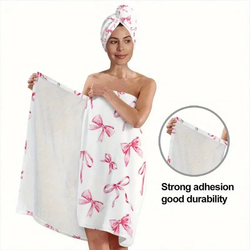 Adult 2-Piece Breathable Bath Towel Set - 1 Fashionable Pink Bow Print Bath Skirt, 1 Soft Polyester Hair Drying Cap, Valentine’s Gift for Bathroom, Spa Use