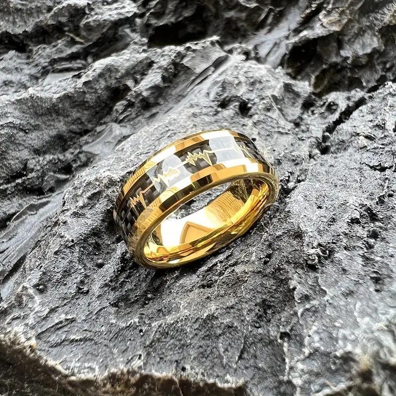 8Mm Beveled Stainless Steel Ring With Inlaid Black Carbon Fiber And Gold Heartbeat Pattern, Minimalist Daily Wear Statement Band Jewelry