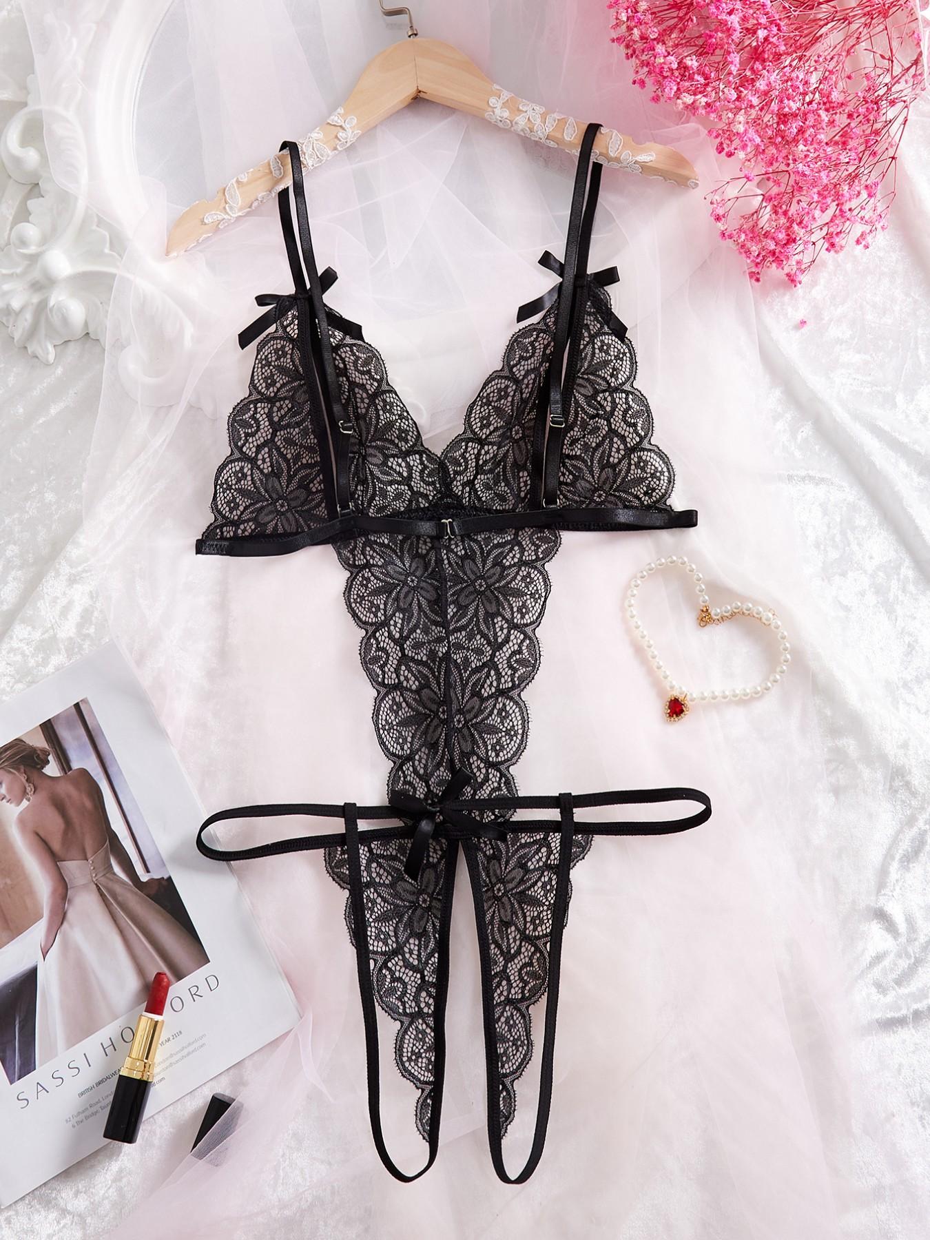 Romantic Valentine's Day Gift Women's Sexy Underwear, Open Crotch Design, Deep V Backless, Smooth Lace Fabric, Semi-Transparent Elements
