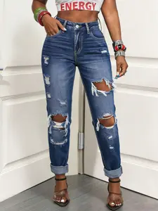 Women's Casual High Stretch Mid-Waist Ripped Straight Leg Denim Jeans Pants, All Seasons Fitted Long Regular Fit, Spring New Arrival