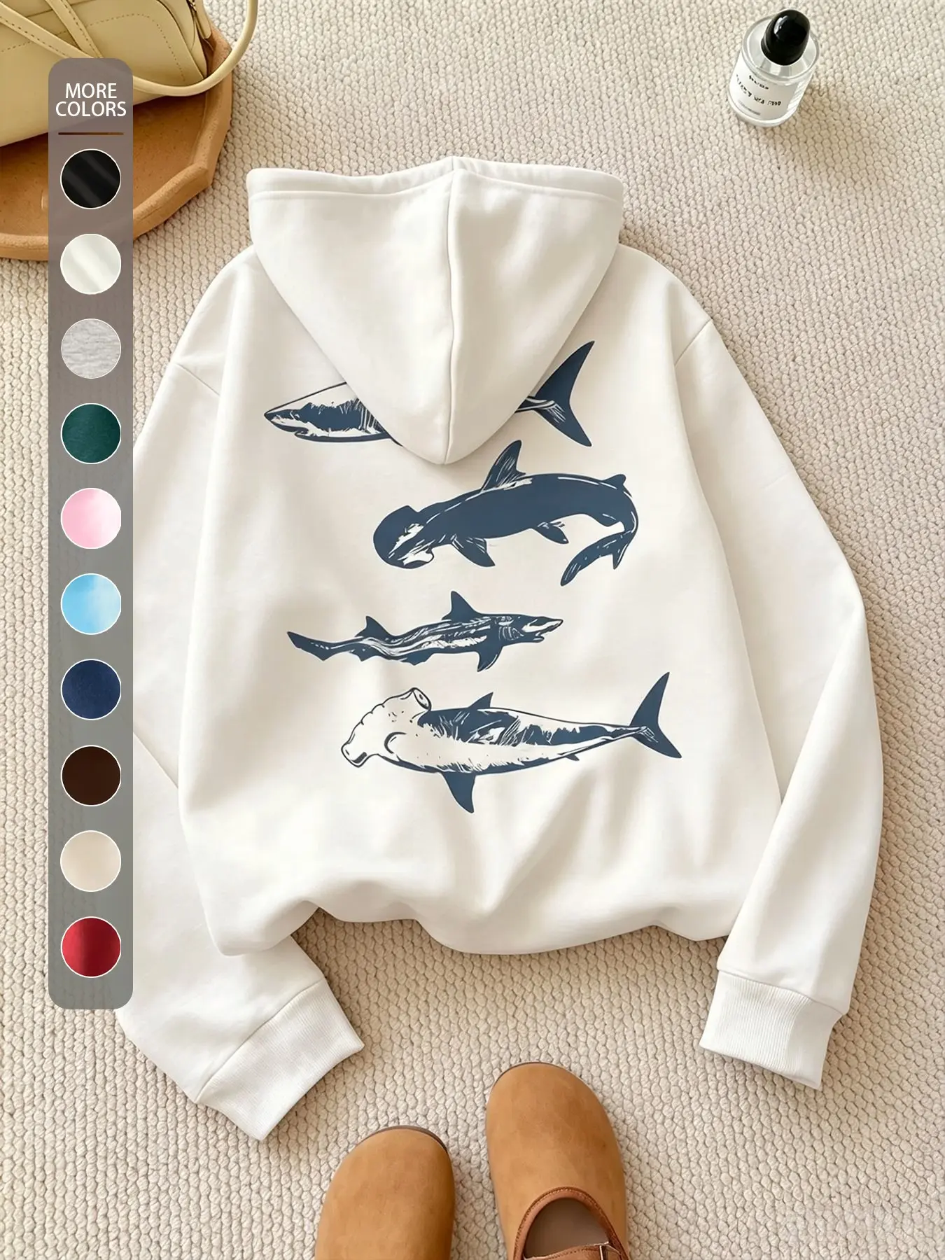 Vintage Shark Print Hoodie, Loose Fit, Soft Knit Fabric, Casual Style, Spring & Fall Wear, Multiple Colors Available