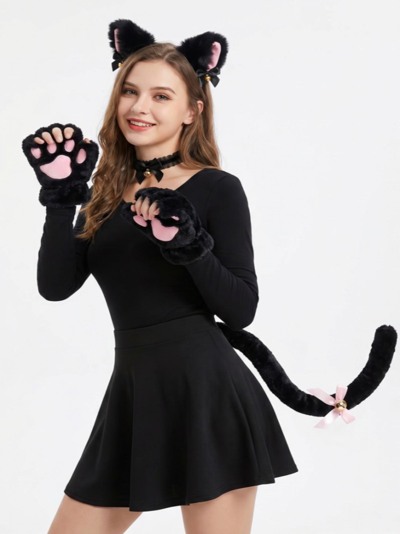 Handmade Cat Ear and Tail Accessories Set, Animal Print Costume for Dance Performances, Halloween Belly Dance