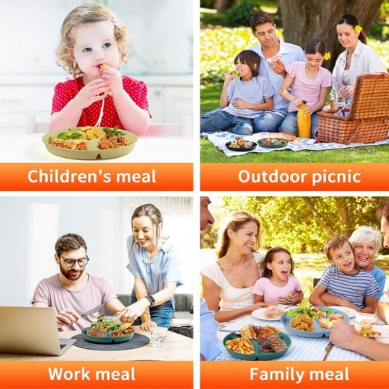 Unbreakable Divided Plates 5PCS for Kids Adults, Corelle Divided Plates, Wheat Straw Divided Plates, Salad Serving Plates, Lightweight Reusable Dinnerware Portion Control Plastic,9IN