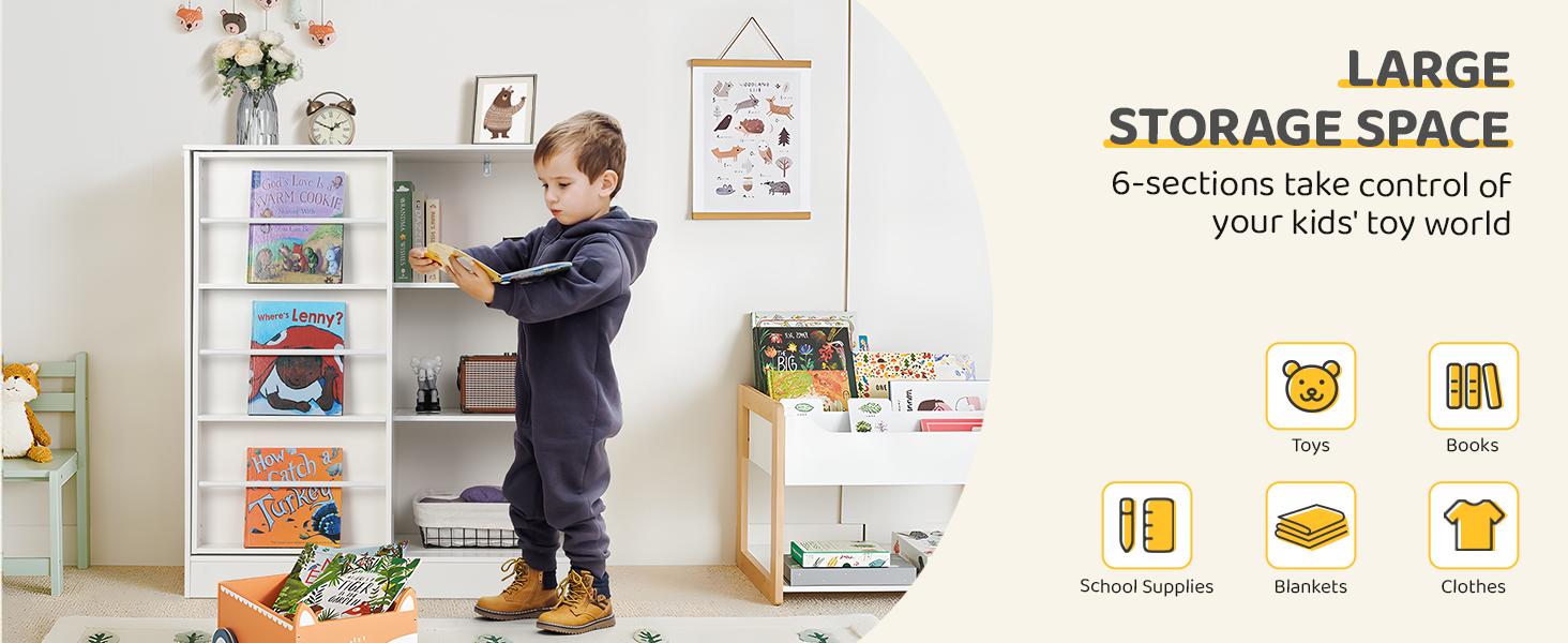 Kid Bookshelf & Toy Storage Organizer with Sliding Door, Toy Box Chest for Playroom Bedroom Living Room
