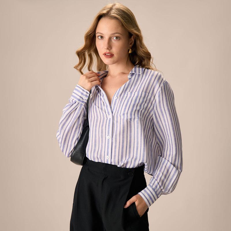 RIHOAS Women's Suit , Women's All Over Striped Print Button Front Shirt, Casual Long Sleeve Collared Top & Black Elastic Waist Pocket Straight Pants for Daily Wear Wide Leg Matching Fabric Womenswear