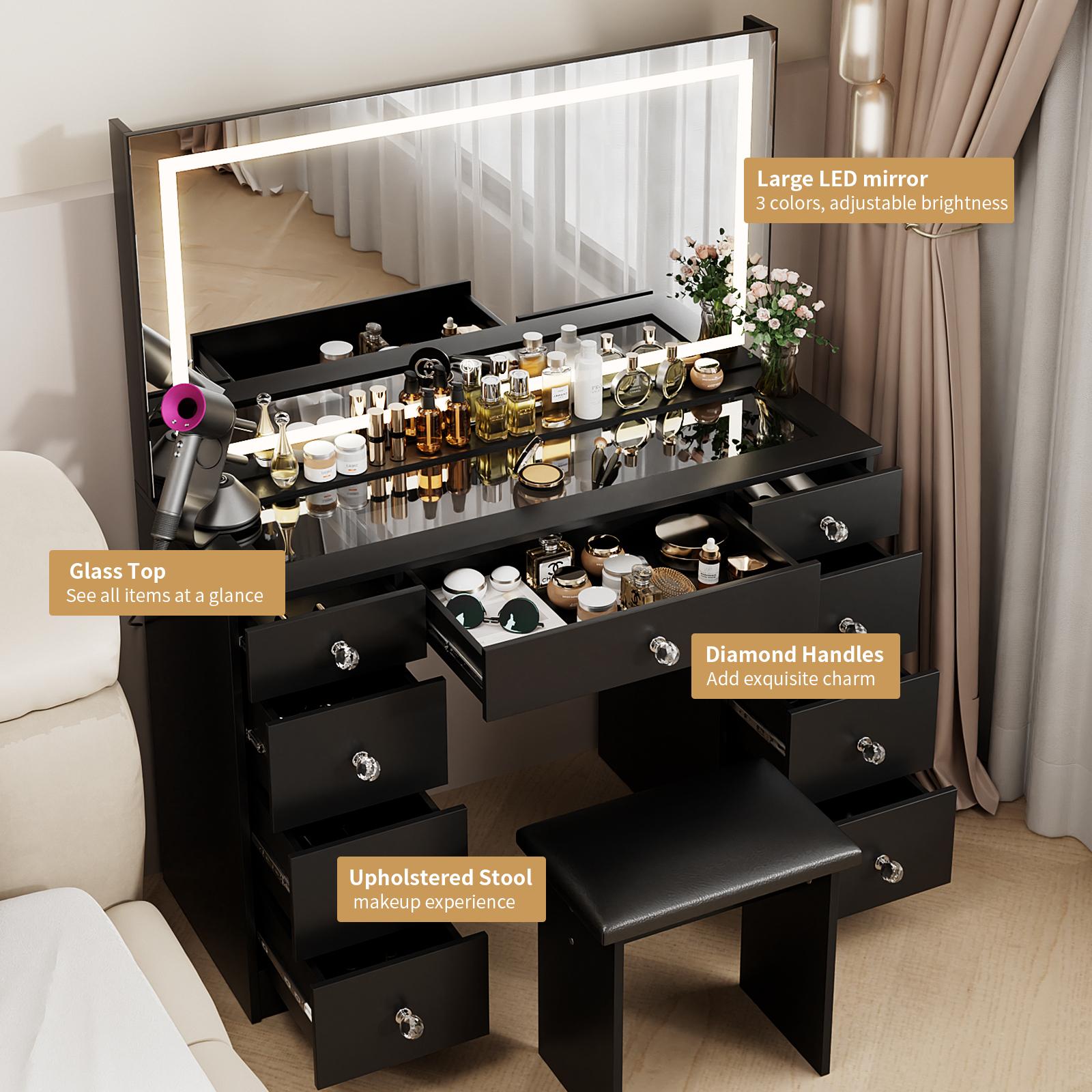 VOWNER Makeup Vanity Desk Table with Lighted Mirror,Power Outlet and 9 Drawers,Come with Soft Cushioned Stool