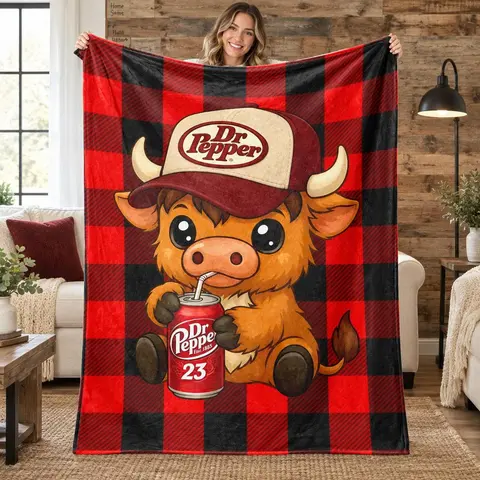 Highland Cow in Hat Cute Pattern Dr Pepper Flannel Throw Blanket - Red and Black Checkerboard Pattern Blanket, 1 Count Soft Lightweight Warming Bedding, Machine Washable for Easy Upkeep