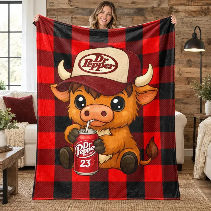 Highland Cow in Hat Cute Pattern Dr Pepper Flannel Throw Blanket - Red and Black Checkerboard Pattern Blanket, 1 Count Soft Lightweight Warming Bedding, Machine Washable for Easy Upkeep