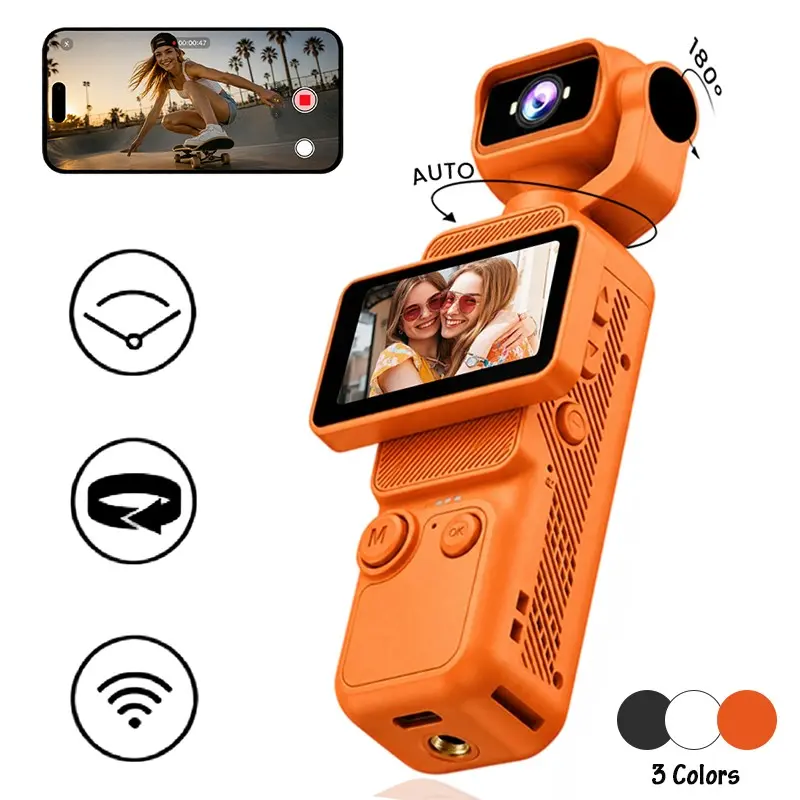 Portable HD Gimbal Camera, Pocket Vlog Cam with Auto Rotating Lens, Smooth Stabilized Video, WiFi Connection, 6x Zoom, Type-C Charging