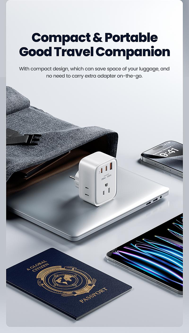 USA to Europe International Plug Adapter, Toocki Travel Adapter, (Single C port 20W Max, USB-A port 18W Max) with 3 AC, 2 USB-C, and 1 USB-A Port, Ideal for iPhone 15, iPad Air, and More,for USA to EU Germany France Iceland Italy  Greece fast charge
