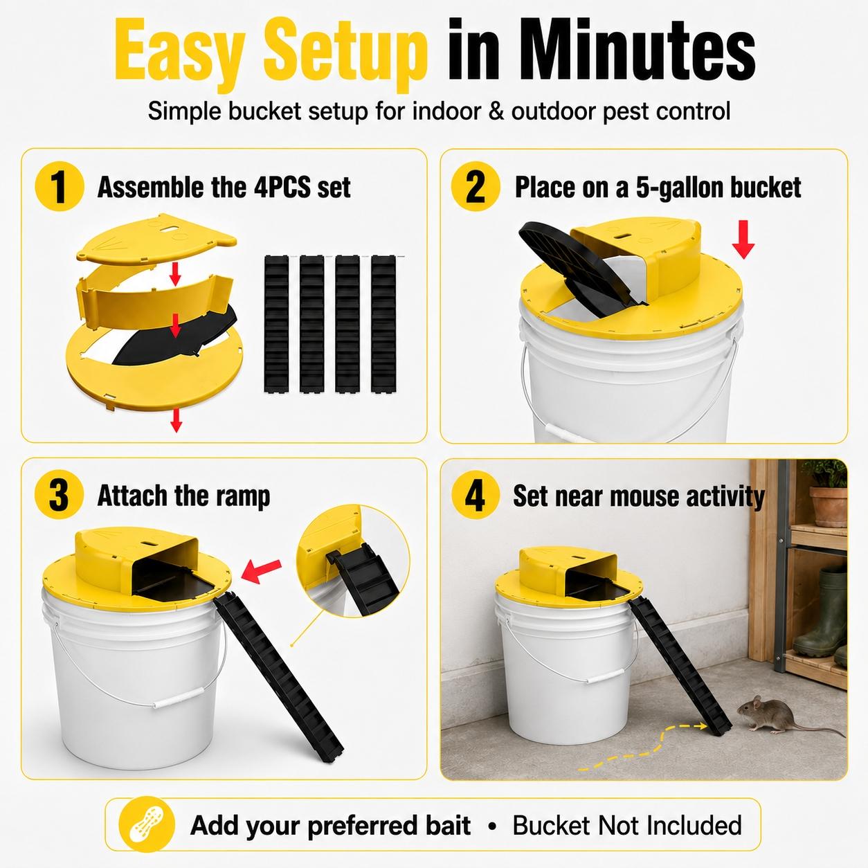 4PCS Flip N Slide Bucket Lid Mouse Trap Kit, Reusable Auto-Reset Multi-Catch Climb & Repeat Rat & Mouse Trap with Ramp, Durable ABS Indoor Outdoor Pest Control, No-Touch Rodent Catcher for Home Garage Kitchen Basement Yard, Bucket Not Included