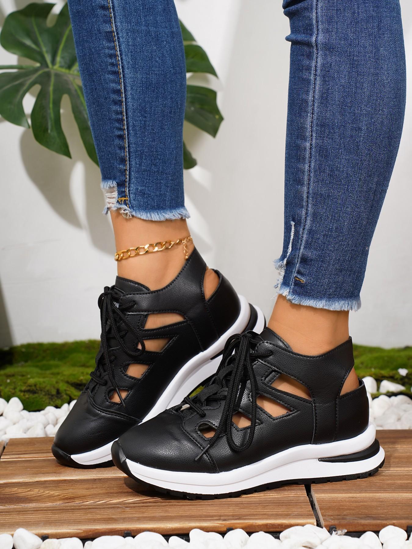 New Women's Cutout Thick Sole Dad Shoes, Breathable Casual Lace-Up Sports Shoes, Patchwork Platform Shoes, Versatile Comfort Walking Shoes
