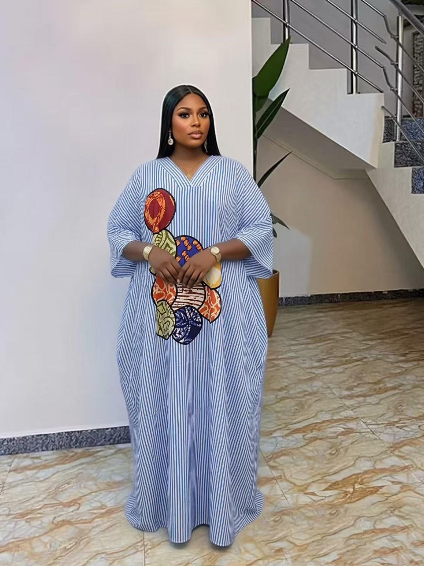 Plus Size Women's Fashion Chic Striped Print V-Neck Dress, Casual Daily Wear, Boho Summer, Ethnic Boubou Kaftan for Party & Beach Plus Size Women's Fashion Chic Striped Print V-Neck Dress, Casual Daily Wear, Boho Summer, Ethnic Boubou Kaftan for Party & Beach