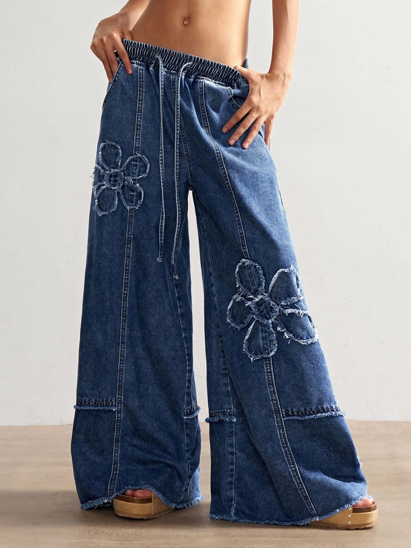 Boho Style Women's Casual Solid Wide Leg Jeans, Loose Fit Denim Jeans with Embroidery Pattern, Comfortable and Stylish Everyday Wear