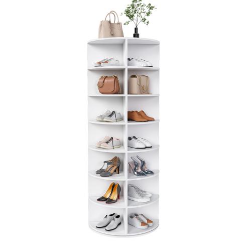 7-Tier Rotating Shoe Rack Tower, Holds 28 Pairs of Shoes - 360° Spinning Floor Storage Organizer, Free Standing for Closet/Bedroom/Entryway, Space Saving, White Box Leather