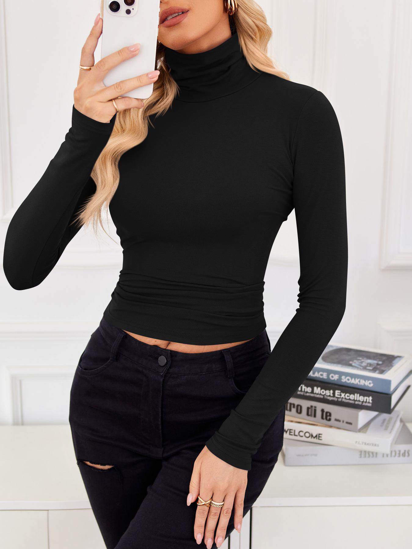 Women's Solid Long Sleeve High Neck Tee, Basic Casual Comfy T-shirt for Fall & Winter, Women's Clothing for Daily Wear