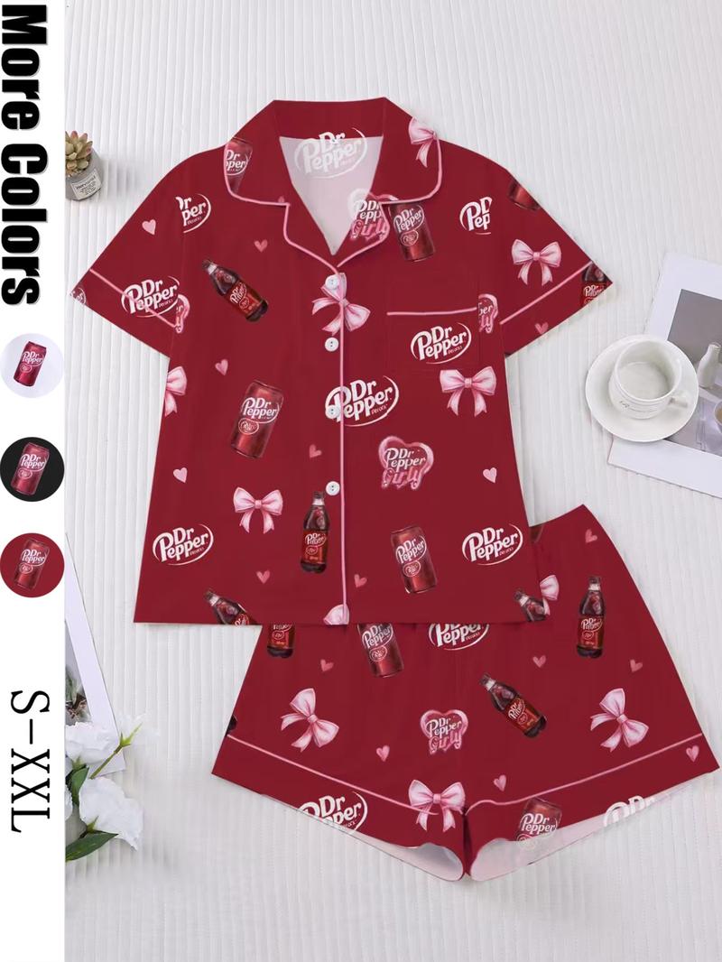 Women's Heart Bow Print Sleepwear Set, Short Sleeve Button-Up Top & Elastic Shorts, Casual Home Wear, Party