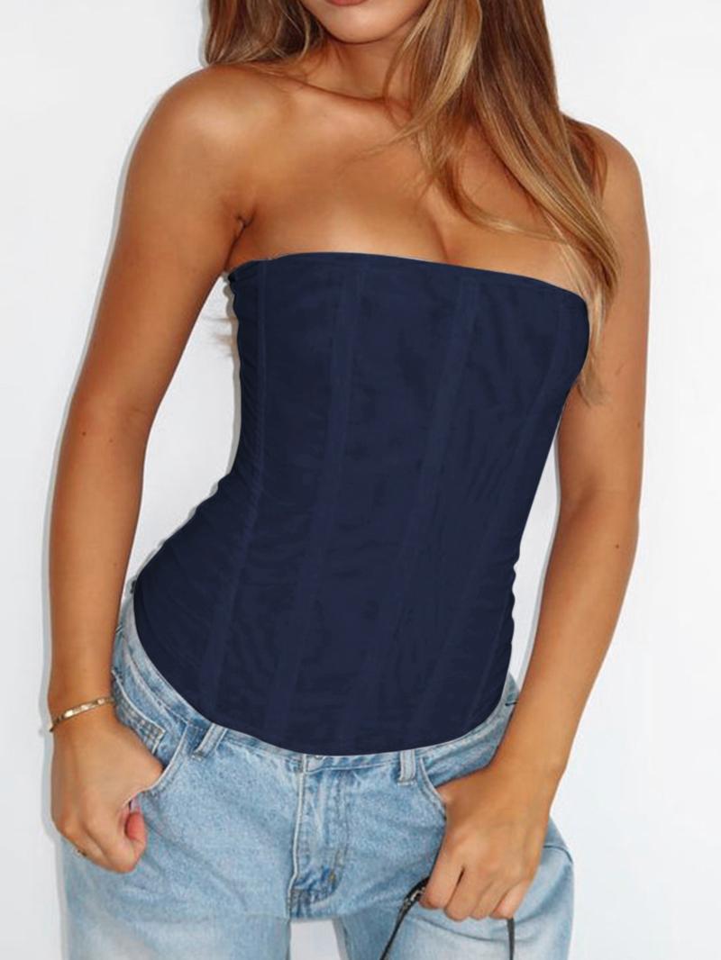 Women's Fishbone Corset Structure Crop Cami Top Solid Tube Top for Daily Wear Mesh Corset Top