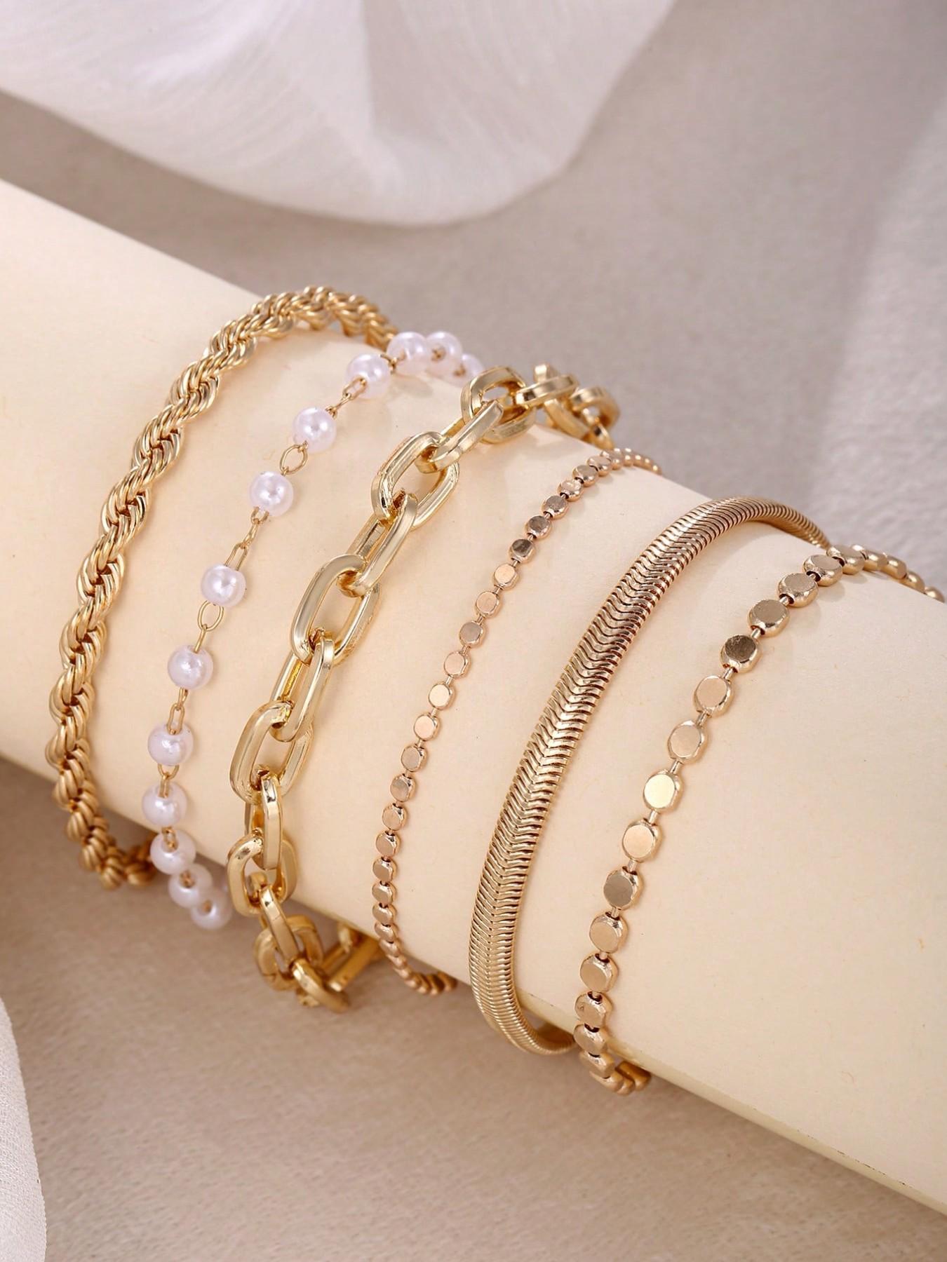 6pcs Metal Chain Bracelet Set, Faux Pearl, Snake Chain, Twisted Chain, Flat Round Disc Design, Chunky Fashion Jewelry, Elegant Retro Style, Bangle Bracelet Set