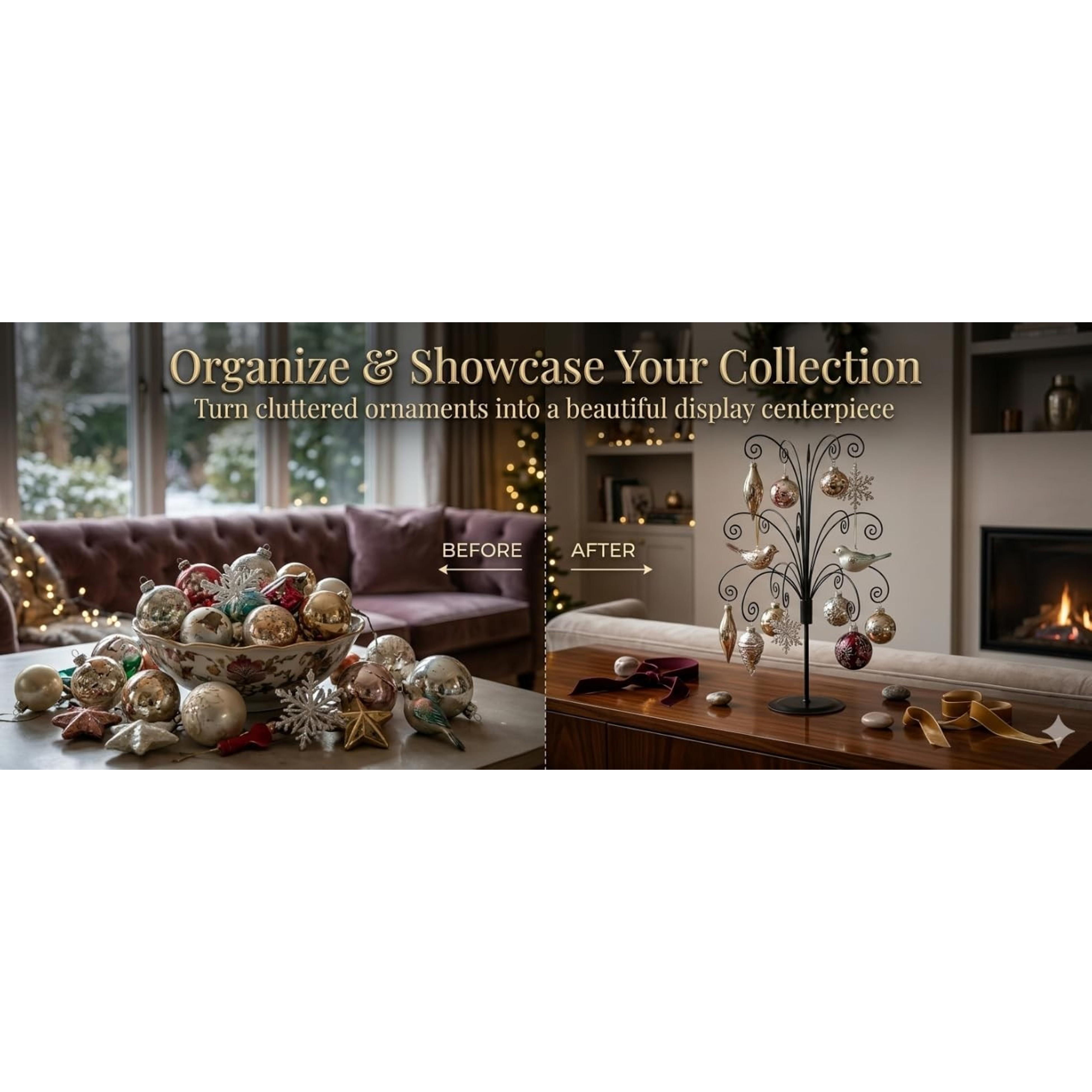 20" Gold Ornament Display Stand Metal Hanging Tree Holder | Displays crystal ornaments, glass baubles, keepsakes and seasonal décor with a sturdy tabletop hanging stand.