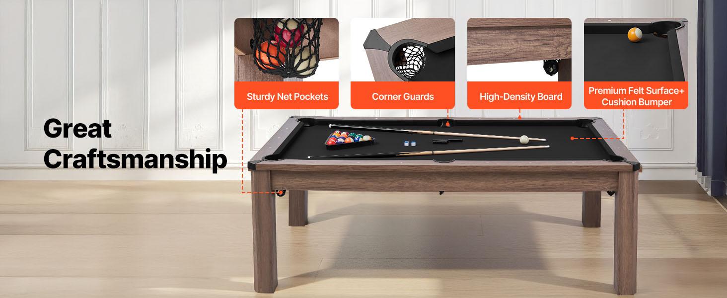 VEVOR 7ft Pool Table Combo Set, 3-in-1 Multi Game Billiards Tables with Dining Top and Ping Pong, 2 Benches for Storage and Accessories, Includes Ball Cue Rack Chalk Brush, for Family Recreation Room