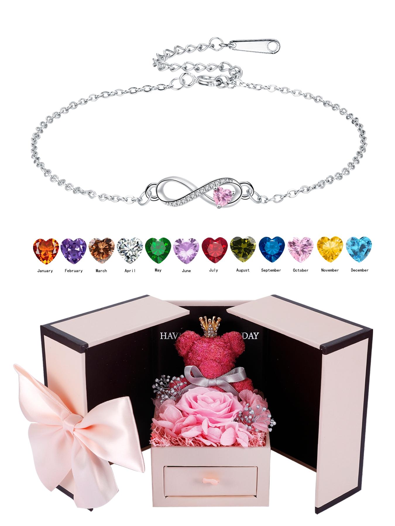 Love Heart CZ Birthstone Infinity Bracelets With Moss Bear Rose Jewelry Gift Box, Endless Love Symbol Bracelets for Women, Anniversary Birthday Christmas Jewelry Gift for Wife Mom Daughter, Heart Shaped Bracelet