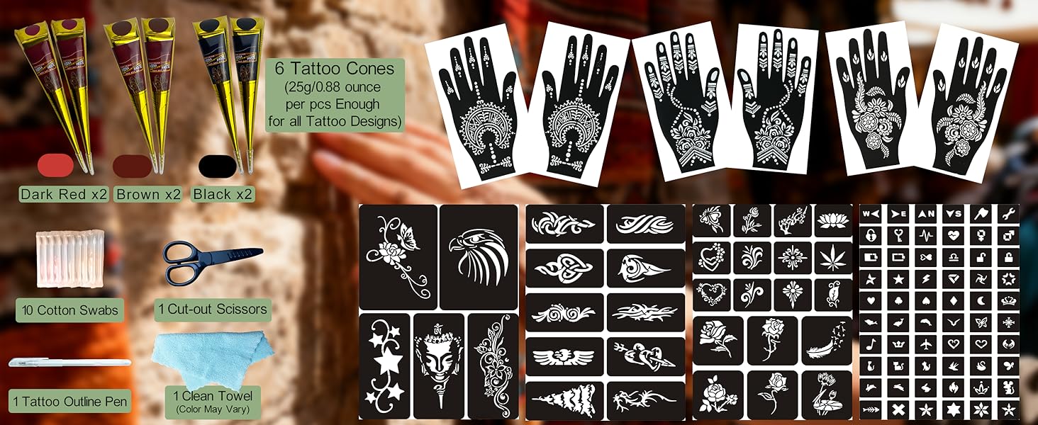 191 Pcs Temporary Tattoo Stencils Kit with 6 Tattoo Cones (2 Black, 2 Brown, 2 Dark Red), White Tattoo Outline Pen, Cotton Swabs & Towel| Perfect for Adults, Teens, Beginners, Family Fun & Parties 191 Pcs Temporary Tattoo Stencils Kit with 6 Tattoo Cones (2 Black, 2 Brown, 2 Dark Red), White Tattoo Outline Pen, Cotton Swabs & Towel| Perfect for Adults, Teens, Beginners, Family Fun & Parties