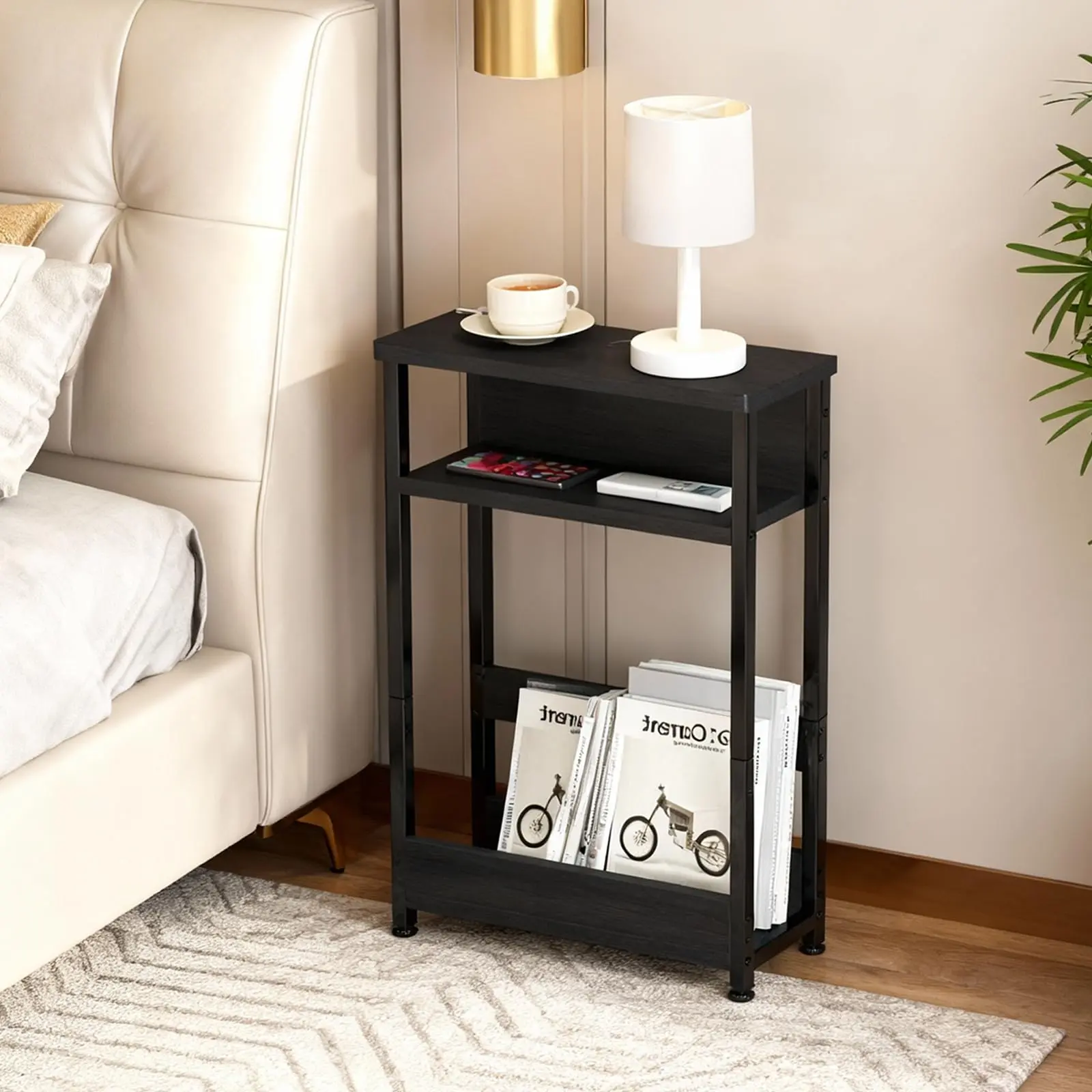 Garvee Compact Rectangular Narrow Side Table - 3 Shelves, Magazine Holder, Ideal for Small Spaces in Living Room, Bedroom, Black