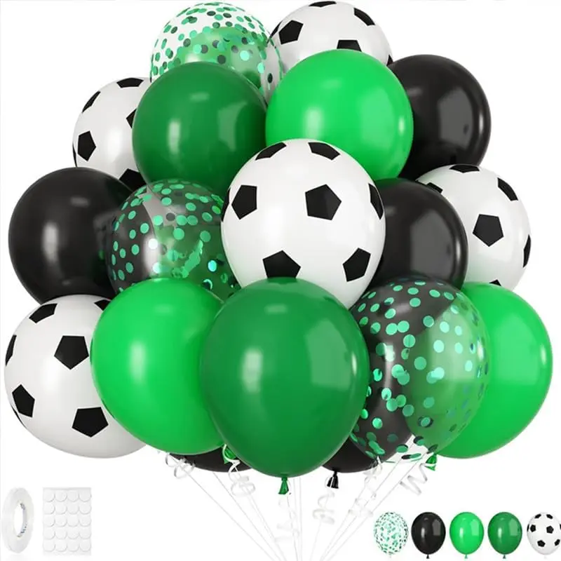 30pcs Soccer Theme Latex Balloon Set - 12in Assorted Green-Black Designs, Festive Party Decorations for Kids' Happy Birthday, Sports Events