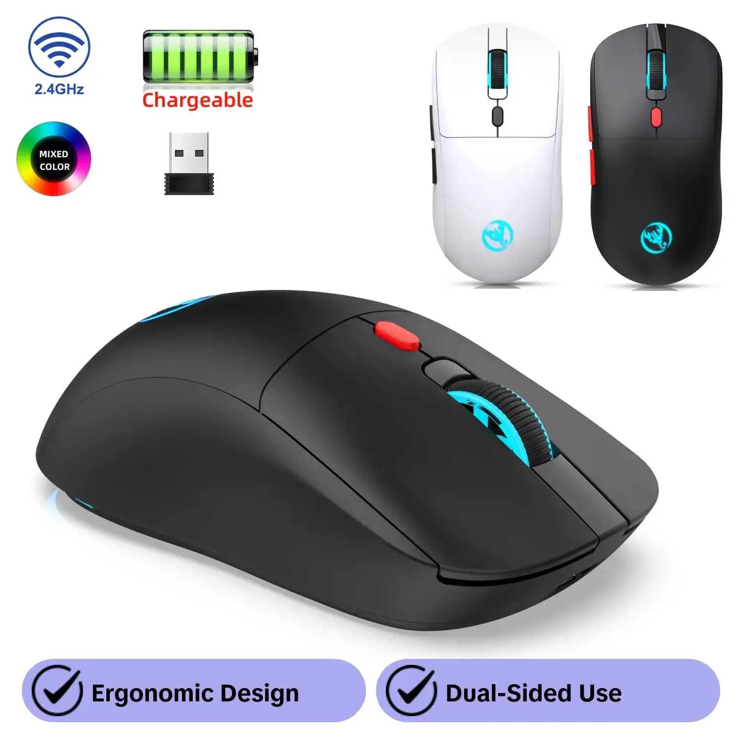 2.4g Wireless Rechargeable Mouse, Ergonomic Design, 650mah Long Battery Life, Six-Button Optical USB Charging, Comfortable Grip, Dual-Sided Use