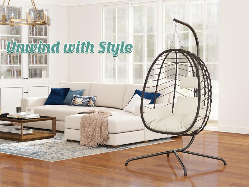 Hanging Egg Chair with Stand – Handwoven Rattan Patio Swing with Cushion, 350lb Capacity – Indoor/Outdoor Chic for Patio, Garden & Poolside