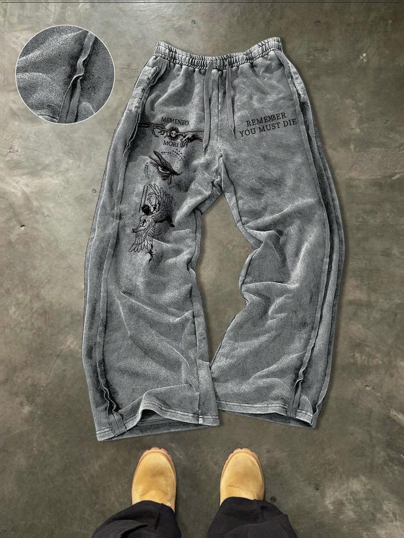 Men's Absorbent Cotton Straight Leg Pants, Menento Mori Letter Print, Casual Fitted H-Type, Elastic Waist, Fall & Winter