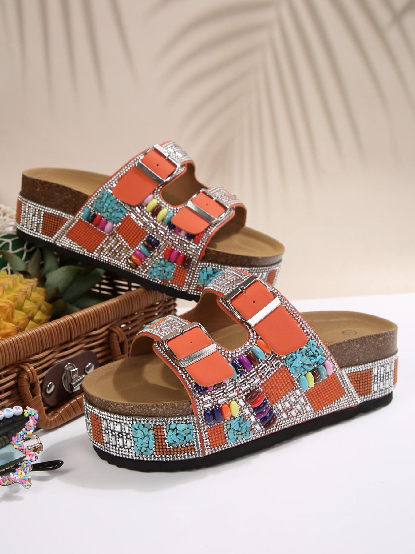 European and American Summer Style Colorful Rhinestone Platform Sandals, Flatform, Bohemian Elegant Fashion Beach Slippers, Glitter Slides, Rubber, Comfortable and Stylish