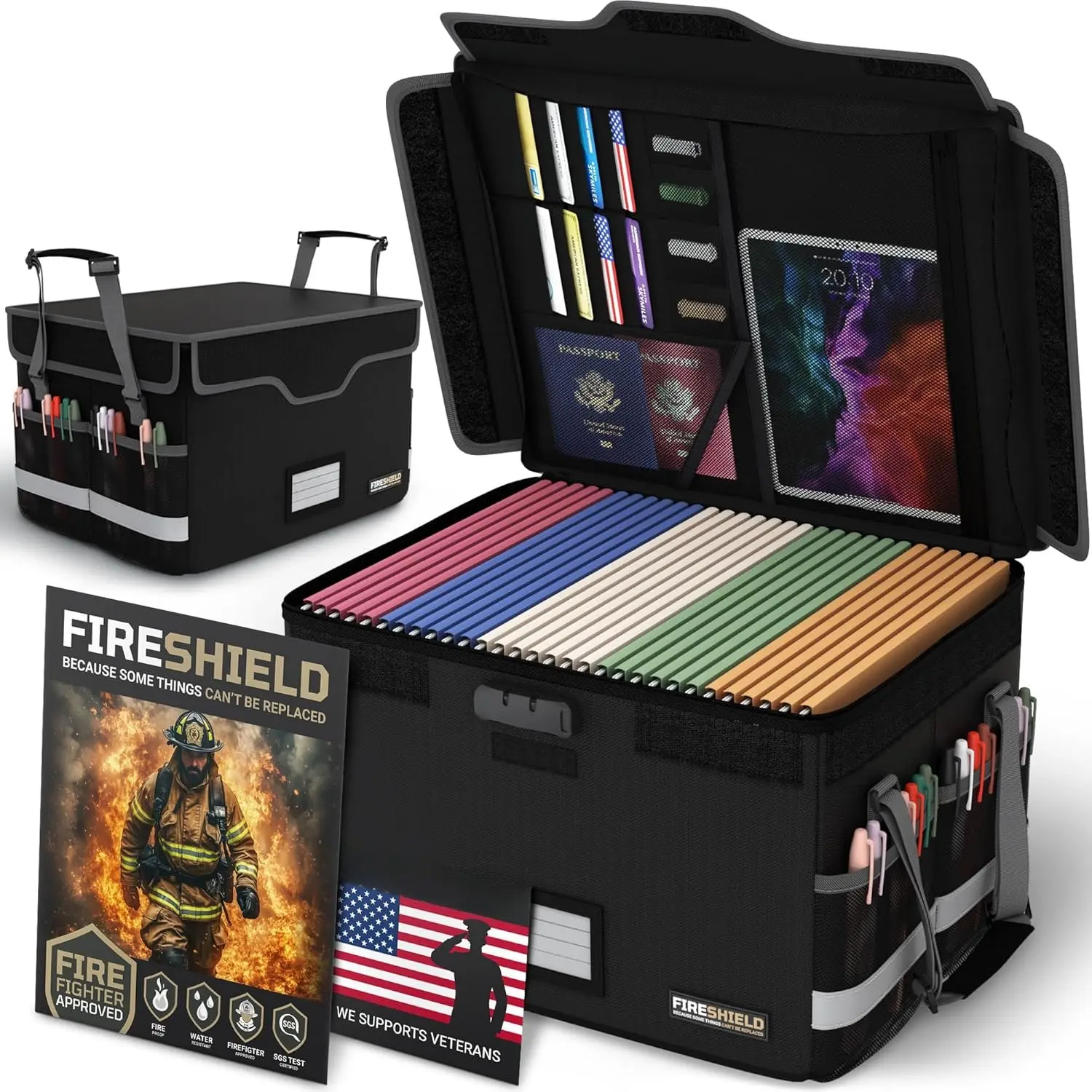 FIRESHIELD PRO Fiberglass Fireproof Document Box - 5200°F Lockable Reset Combo, 16x12.9x11" Portable File Organizer for Legal Folders, Office/Home/Travel Safe Storage, Black