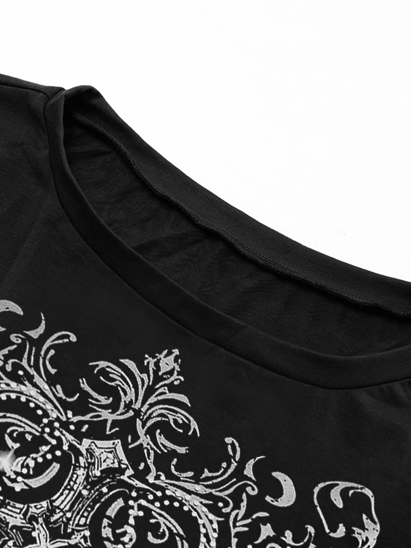 Women's Vintage Gothic Wing Print Short Sleeve Top, Summer Casual Fashion Graphic T-Shirt, Casual Trendy Tee