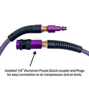 Polyurethane(PU) 1/4-Inch x 100FT Reinforced,Air Hose with 1/4" Swivel Aluminum Colored Quick Coupler and Plug,Bend Restrictor,Purple Polyurethane(PU) 1/4-Inch x 100FT Reinforced,Air Hose with 1/4" Swivel Aluminum Colored Quick Coupler and Plug,Bend Restrictor,Purple