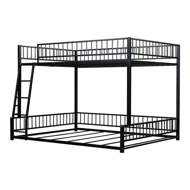 Modern Full XL Over Queen Bunk Bed Frame, Metal Floor Bunk Bed Frame with Ladder & Guardrails, No Spring Box Needed, That Can Separate, Black