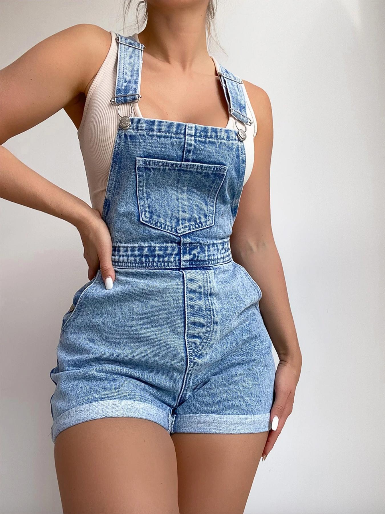Women's Casual Roll Up Hem Denim Overalls Strap, Jeans Overalls, Shorts Bib Overalls, Vintage Denim Backless Shorts, High-Waisted Roll-Up Hem Casual Style, Loose-Fitting, Comfortable Fit, Perfect for Daily Wear, Adjustable, Baggy