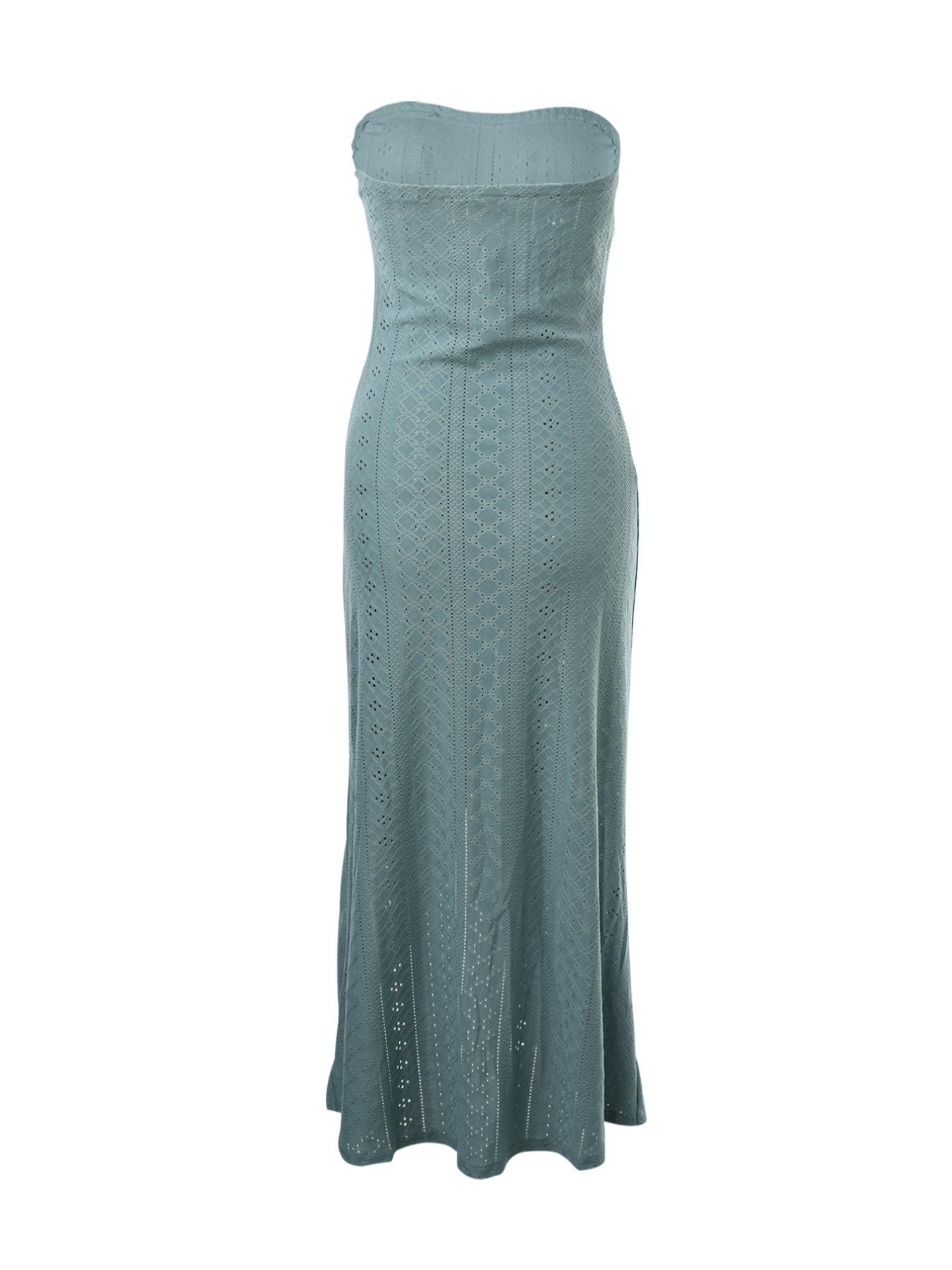 Women's Plain Eyelet Embroidery Ruched Split Thigh Tube Dress, Casual Strapless Sleeveless Long Dress for Summer, Women's Clothing for Beach Holiday, Womenswear, Lady