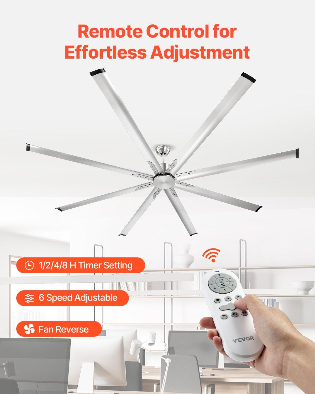 VEVOR 96in Low Profile Flush Mount Ceiling Fan, 6-Speed Remote Control, Aluminum Blades, Reversible DC Motor, Modern Brushed Nickel Fan for Bedroom, Patio, Reversible Motor