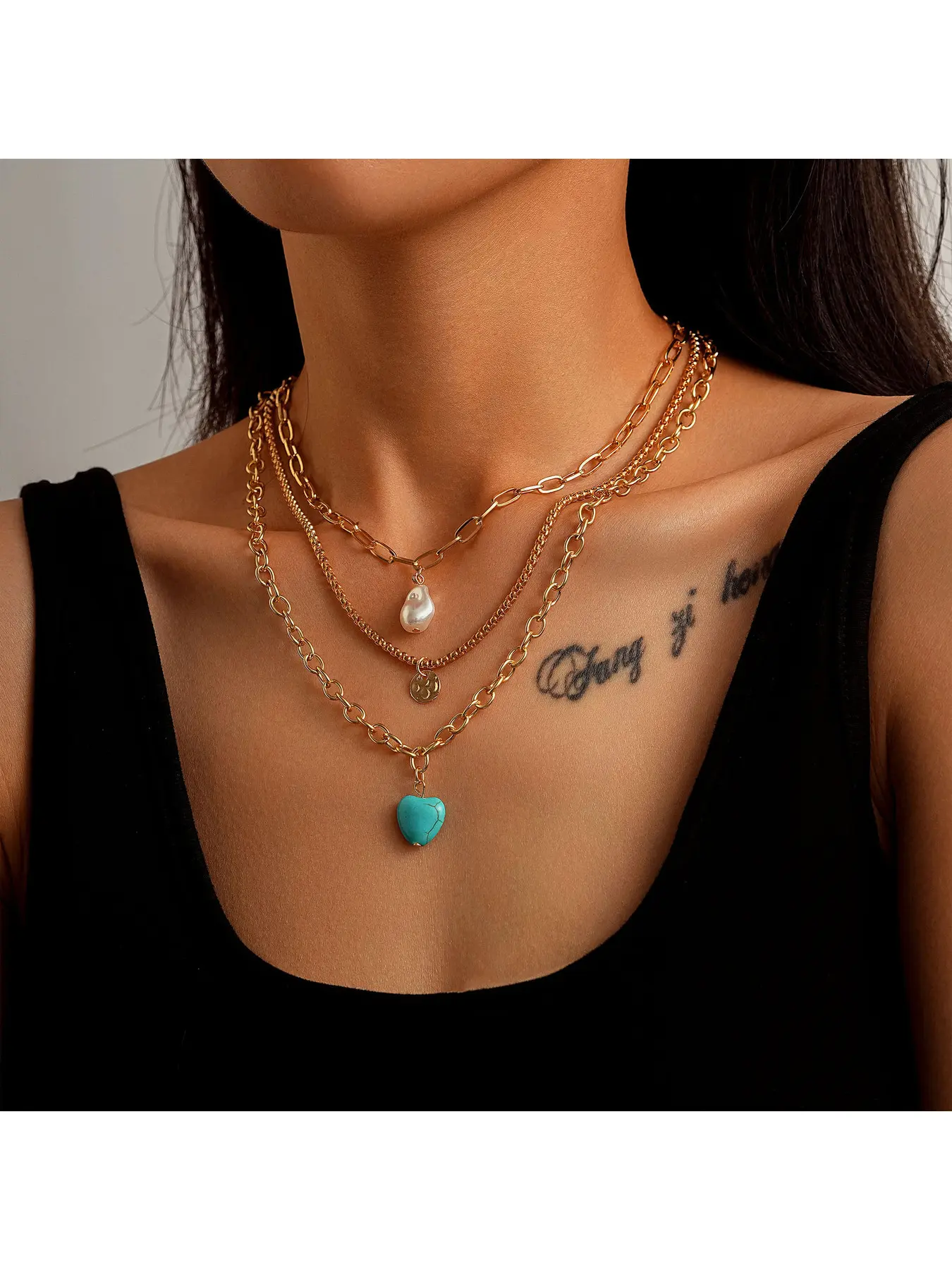 Women 18K Gold Plated Mixed Paperclip Chain Layered Stacking Necklace December Birthstone Turquoise Heart Baroque Pearl Pendant Hypoallergenic Tarnish Resistant Boho Chic Statement Jewelry For Daily Streetwear Beach Vacation Party Birthday Gift