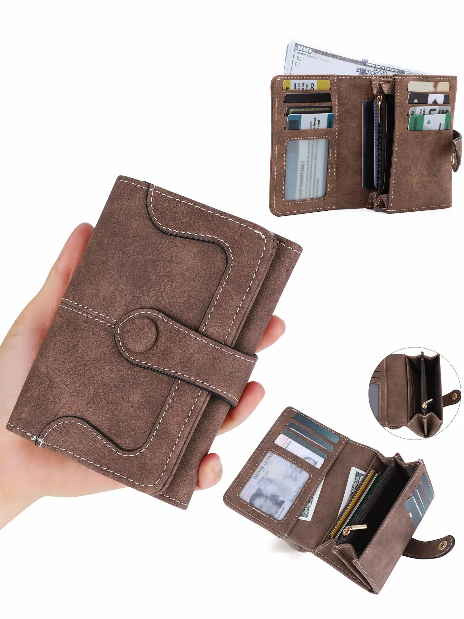 Women's Trifold Short Wallet, Vintage PU Leather Purse, Snap Button Closure, Multi Card Slots, Clear ID Window, Zipper Coin Pocket, Large Cash Compartment, Ladies Small Card Holder